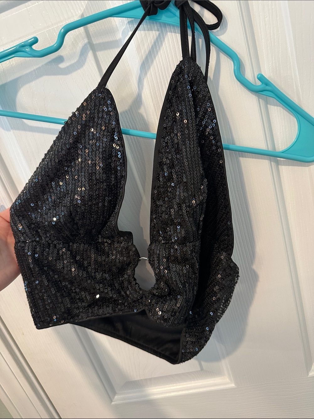 SHEIN Black Sequin Halter Crop Top